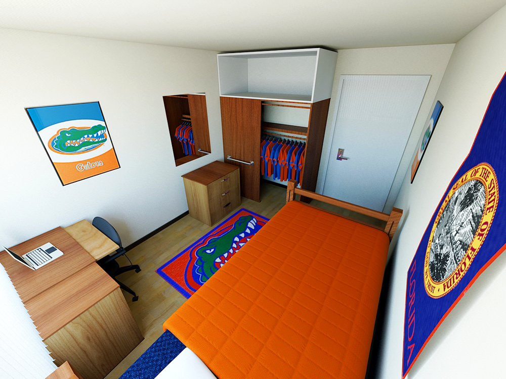 Single room with one bed, dresser, night stand and closet.