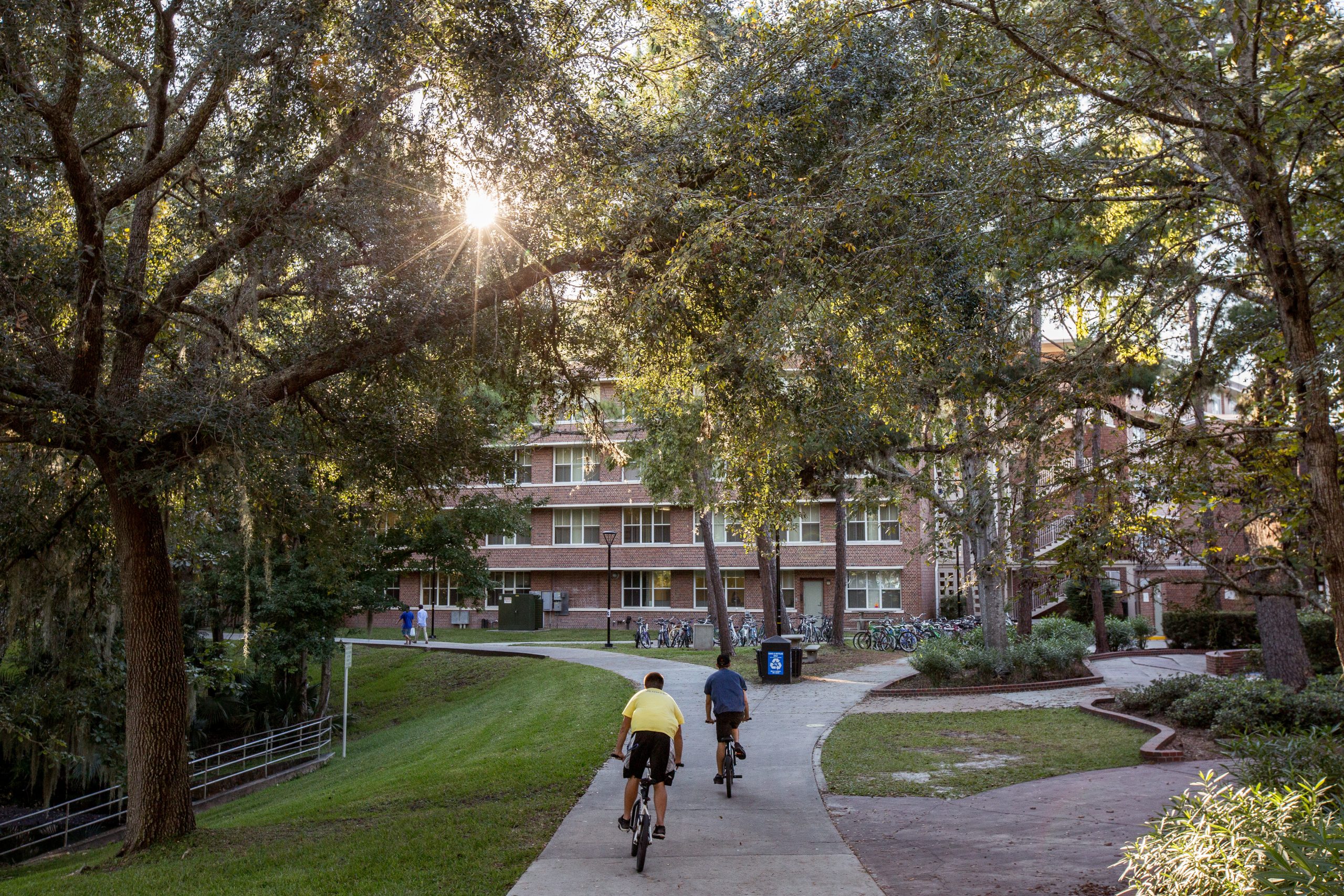 Simpson Hall at sunset student ride along the sidewalk on their bikes.