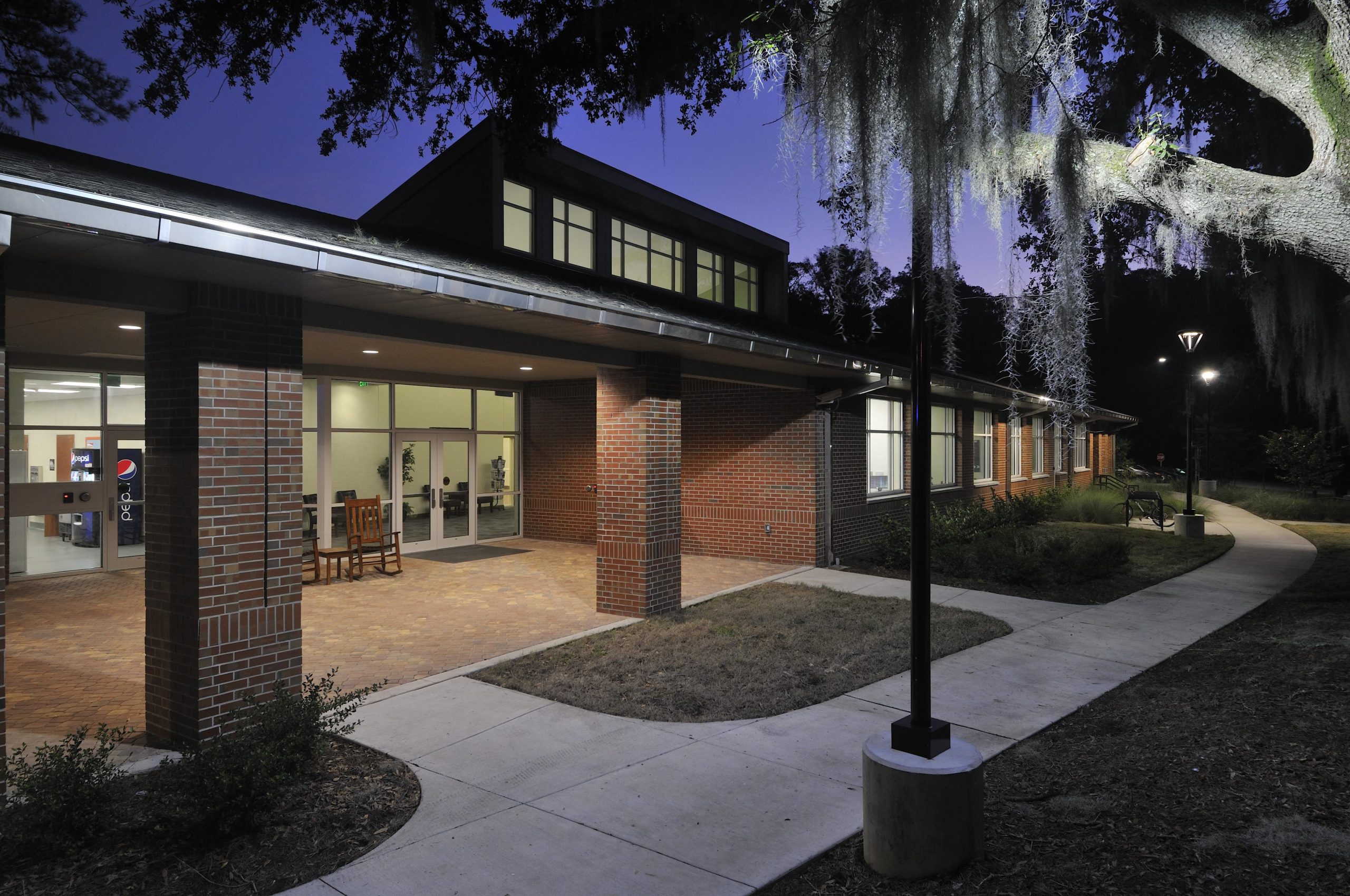 Corry Village commons at night.