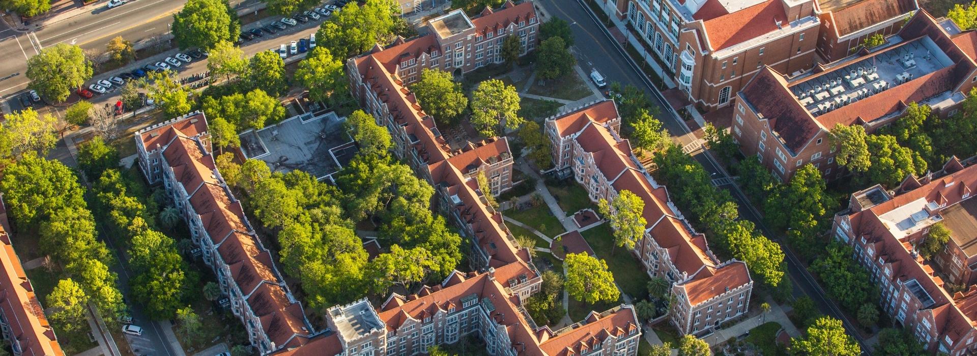 Ariel View of Thomas, Sledd, and Fletcher Hall that spell out UF.