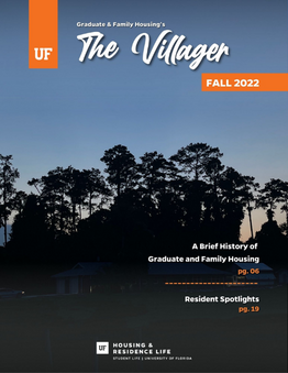 the Fall 2022 Villager features a evening photo of the UF bat houses.