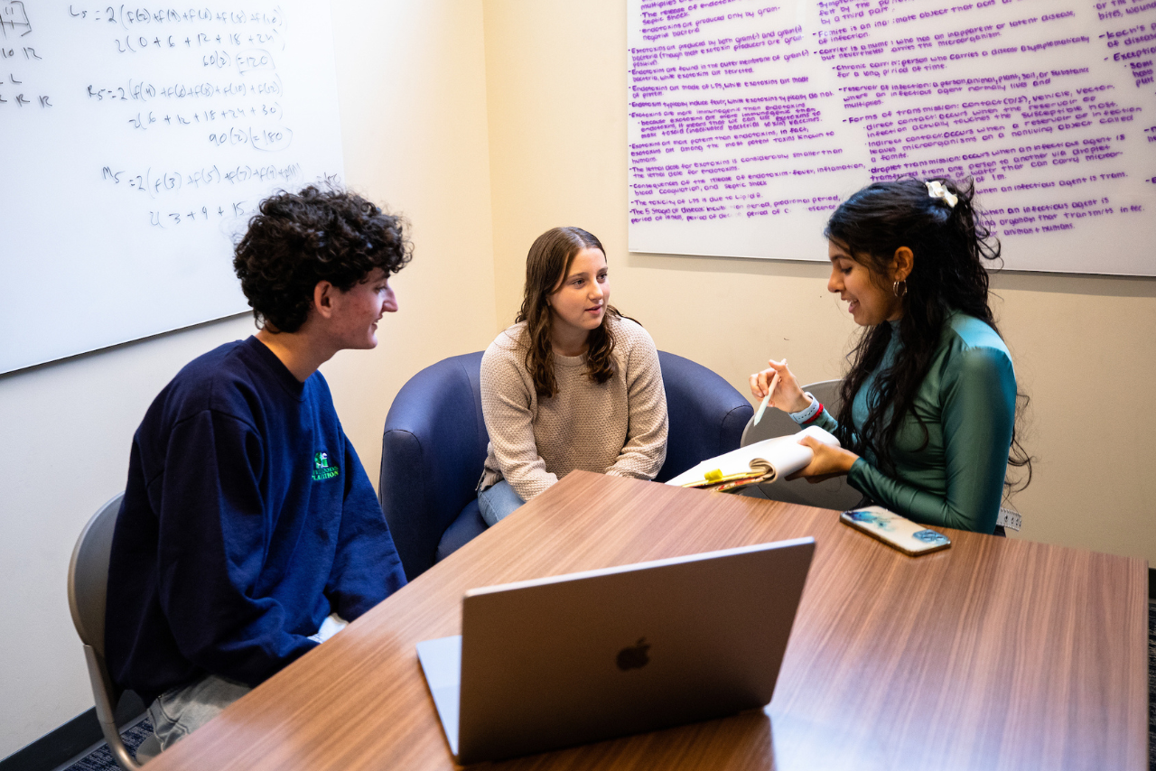 Three students use a private study room for tutoring.